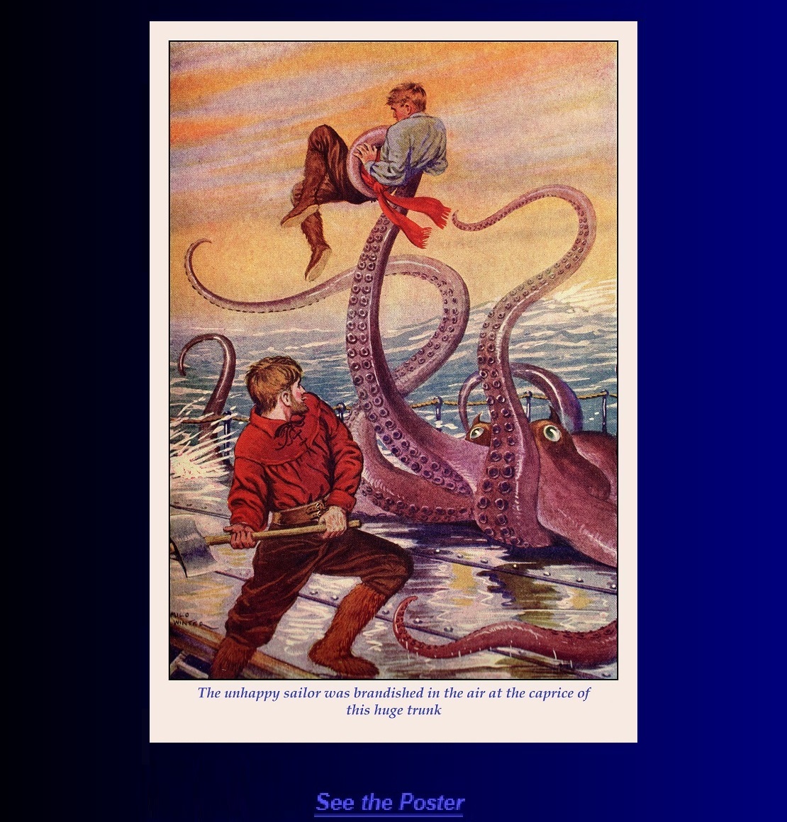 Graphic poster: Sailor hoisted into the air by giant squid
